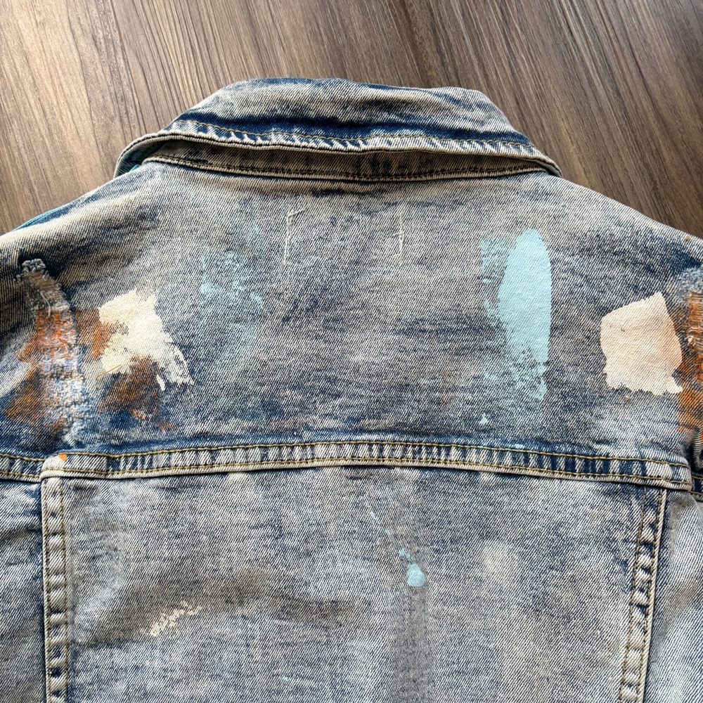 FWRD Denim Ice Blue & Gold Stripe with Paint Splatter Badass Jacket - Picture 10 of 11
